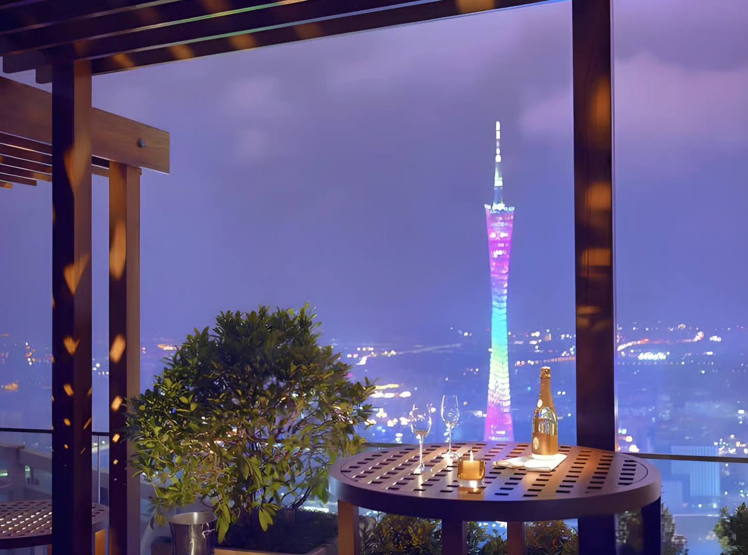 Canton Tower glowing at dusk over Guangzhou