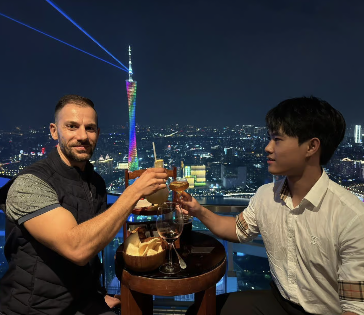 Glamorous rooftop bar interior with city view