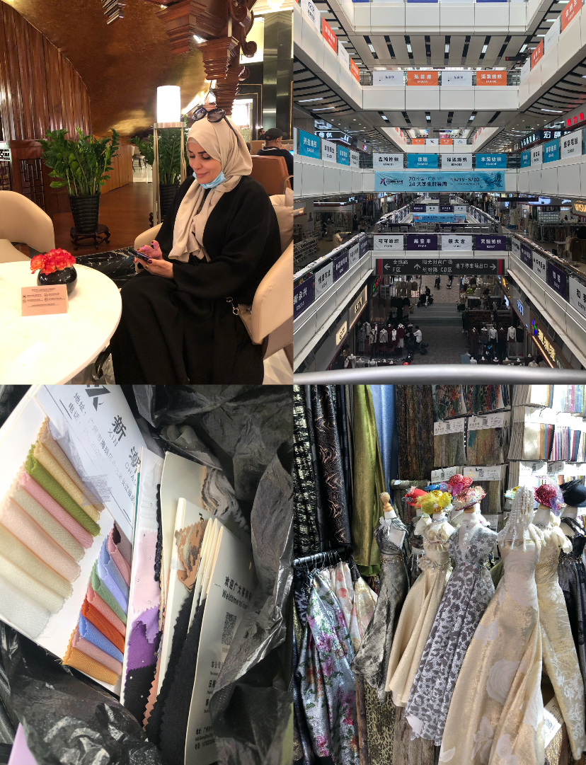 Stalls of fabric rolls in Guangzhou's textile market